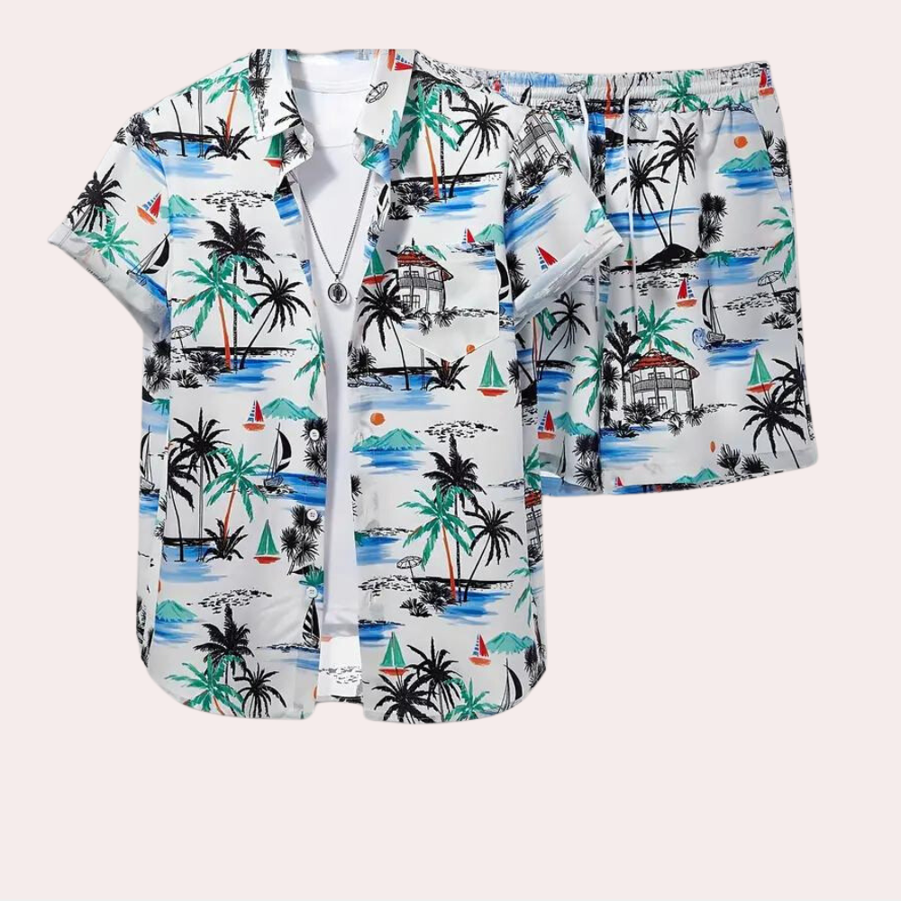 Comfy Hawaiian men's summer set with a lightweight, breathable fabric and tropical-inspired design, perfect for warm days and autumn outings.