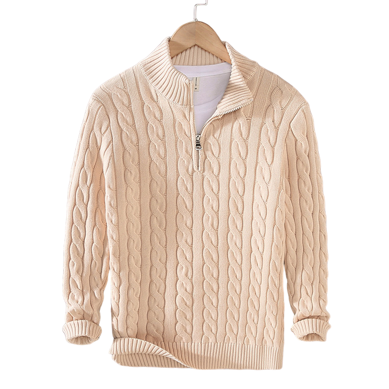 Stylish men's cable knit sweater, perfect for warmth and layering in autumn.







