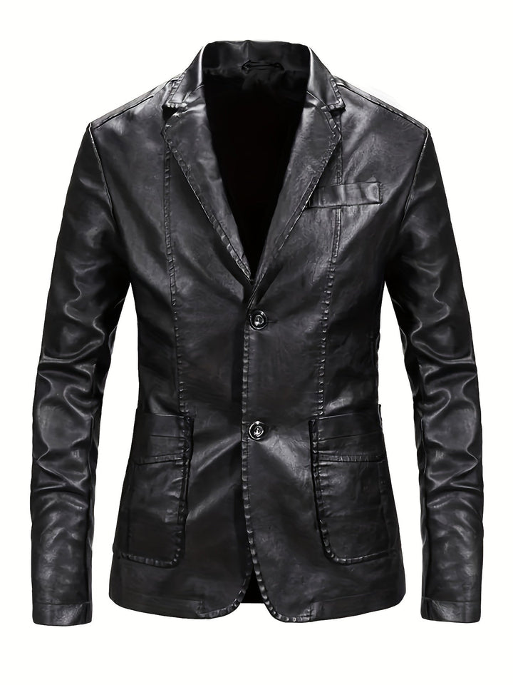 Luxe leather blazer jacket for men with a sleek, tailored fit for a stylish autumn look.
