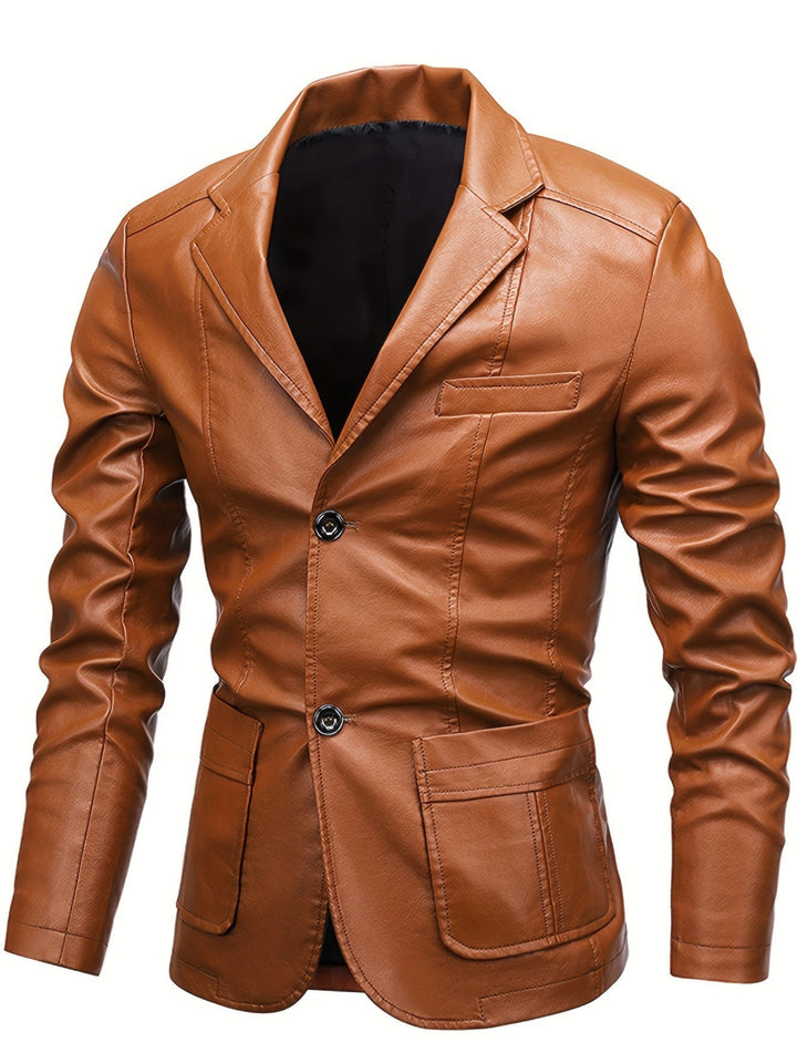 Luxe leather blazer jacket for men with a sleek, tailored fit for a stylish autumn look.







