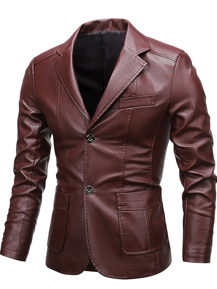 Luxe leather blazer jacket for men with a sleek, tailored fit for a stylish autumn look.







