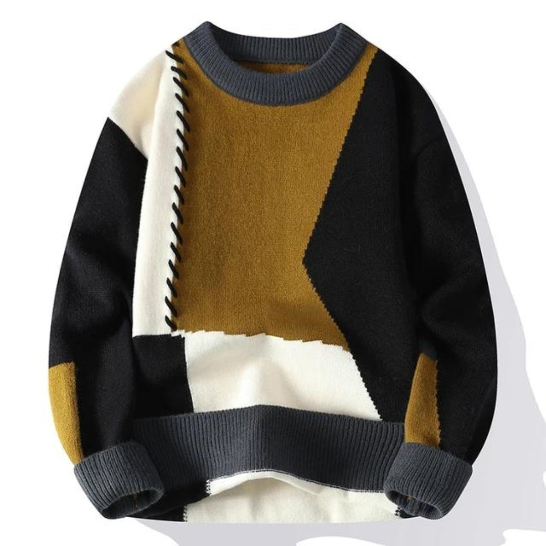 Trendy patchwork sweater for autumn with a cozy and stylish design, perfect for layering.







