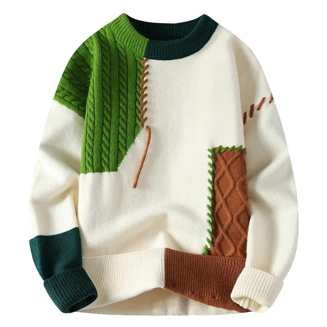 Trendy patchwork sweater for autumn with a cozy and stylish design, perfect for layering.







