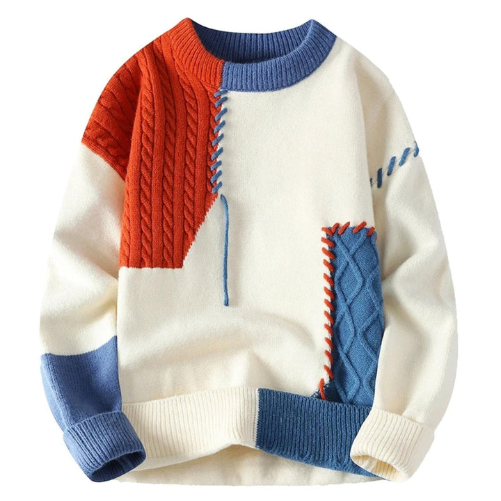 Trendy patchwork sweater for autumn with a cozy and stylish design, perfect for layering.







