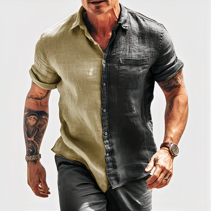 Stylish two-tone linen summer shirt, breathable and lightweight, perfect for warm days.







