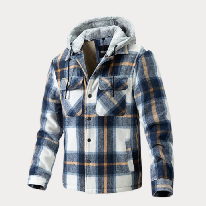 Trendy plaid hooded autumn jacket for men with a stylish and comfortable design.