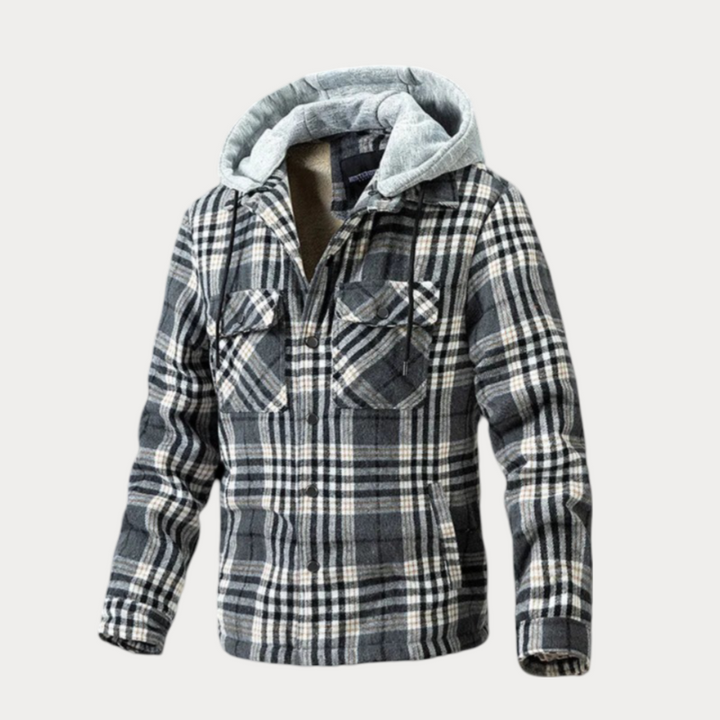 Trendy plaid hooded autumn jacket for men with a stylish and comfortable design.