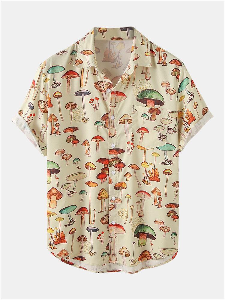 Bohemian summer shirt with mushroom print, featuring lightweight breathable fabric, relaxed fit, and artistic design, ideal for summer styling.