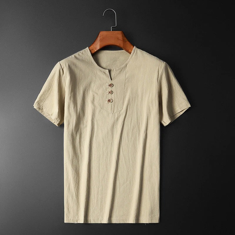 Casual cotton-linen blend tee with breathable and lightweight fabric, perfect for summer days and versatile styling.






