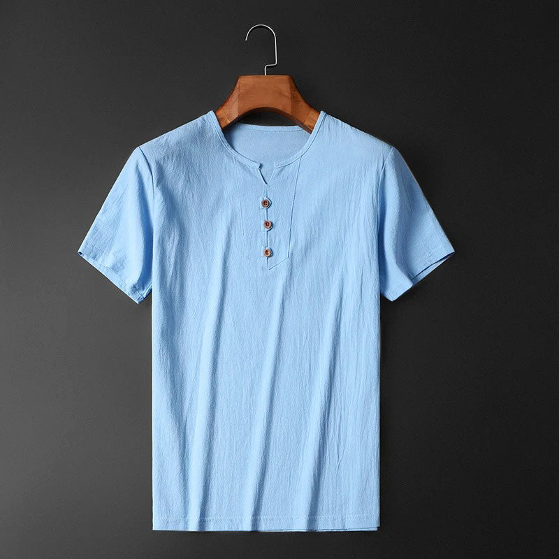 Casual cotton-linen blend tee with breathable and lightweight fabric, perfect for summer days and versatile styling.






