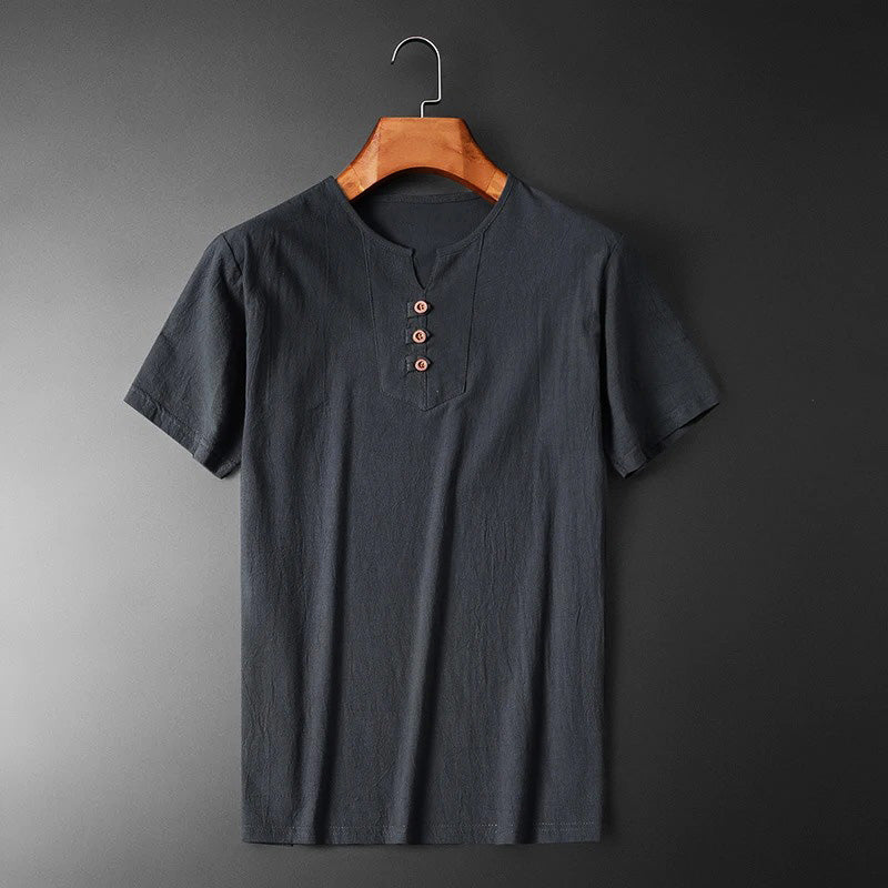 Casual cotton-linen blend tee with breathable and lightweight fabric, perfect for summer days and versatile styling.






