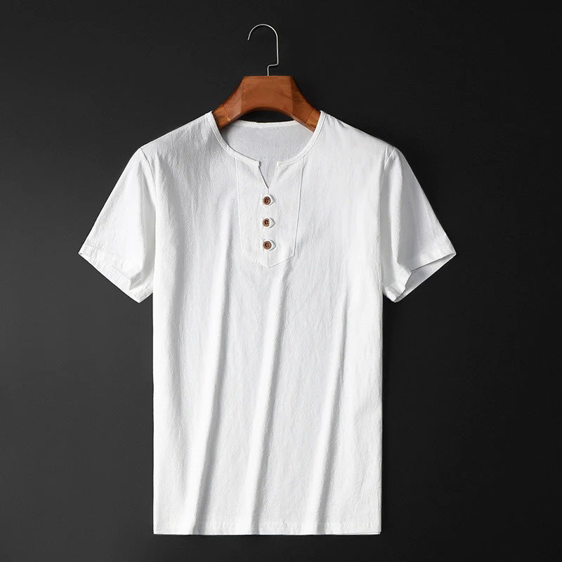 Casual cotton-linen blend tee with breathable and lightweight fabric, perfect for summer days and versatile styling.






