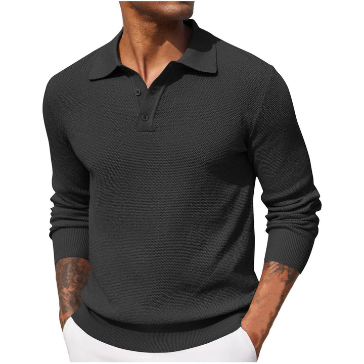 Casual linen blend long-sleeved polo shirt with a lightweight and breathable fabric, perfect for summer days and versatile occasions.