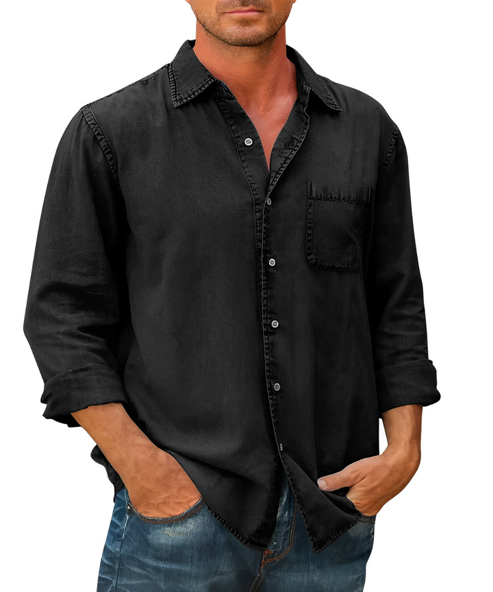 Classic denim men's shirt with breathable fabric, versatile style, and a relaxed fit, ideal for summer days and everyday wear.