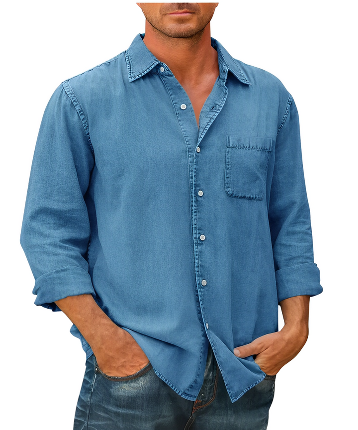 Classic denim men's shirt with breathable fabric, versatile style, and a relaxed fit, ideal for summer days and everyday wear.