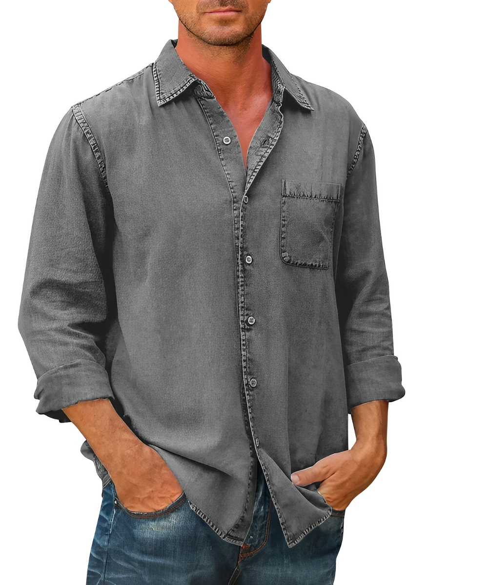 Classic denim men's shirt with breathable fabric, versatile style, and a relaxed fit, ideal for summer days and everyday wear.