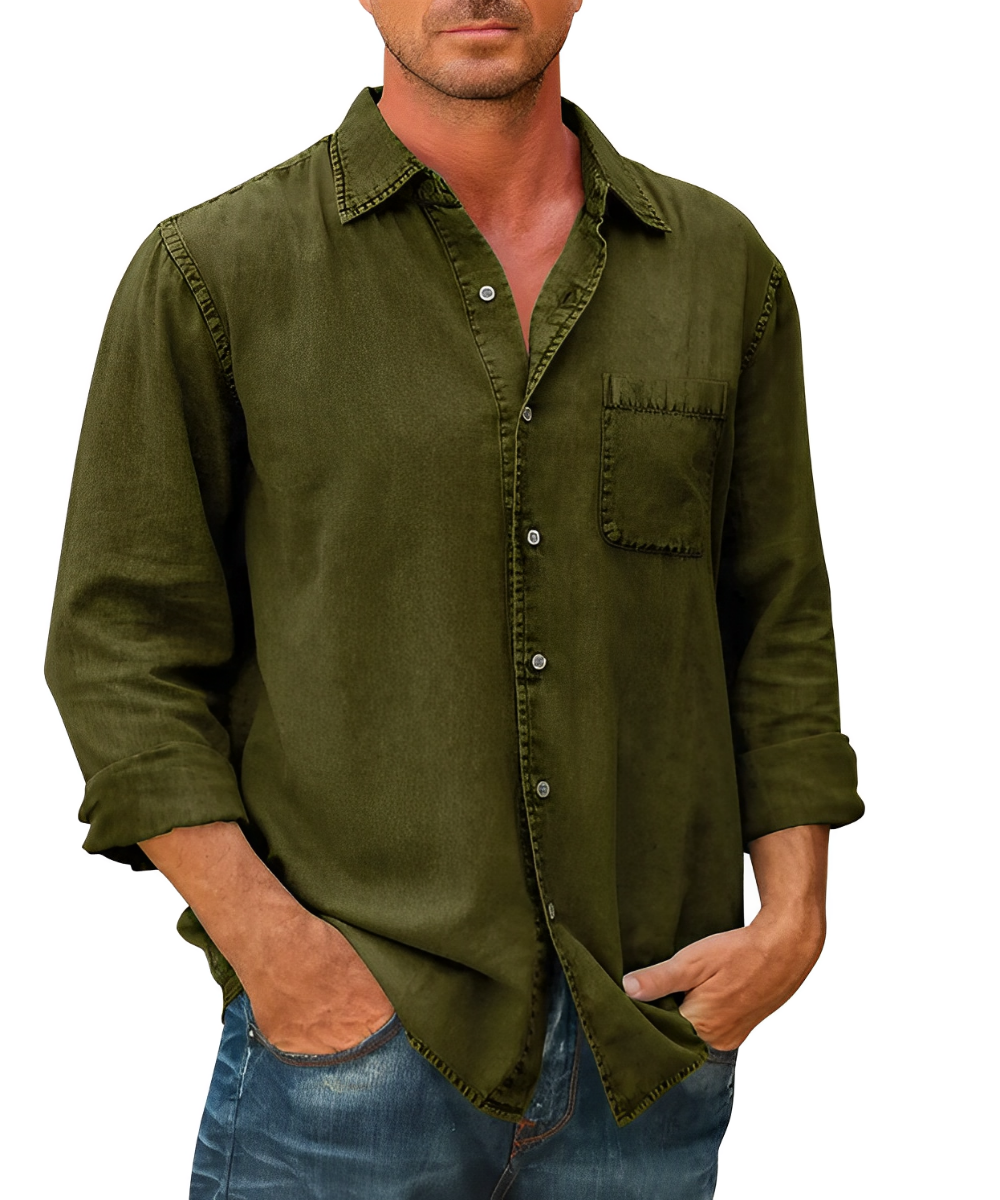 Classic denim men's shirt with breathable fabric, versatile style, and a relaxed fit, ideal for summer days and everyday wear.