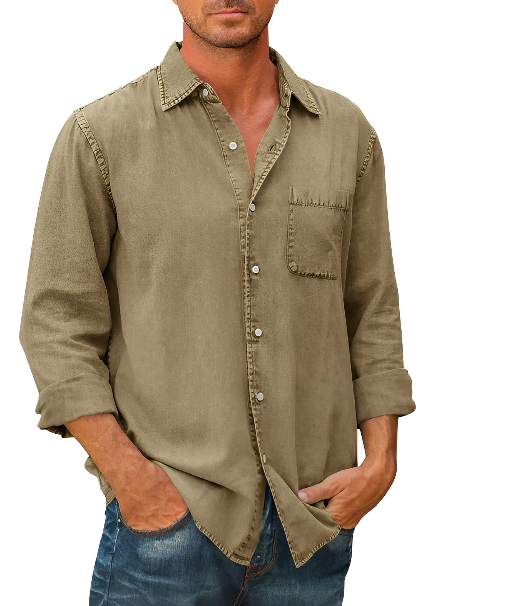 Classic denim men's shirt with breathable fabric, versatile style, and a relaxed fit, ideal for summer days and everyday wear.