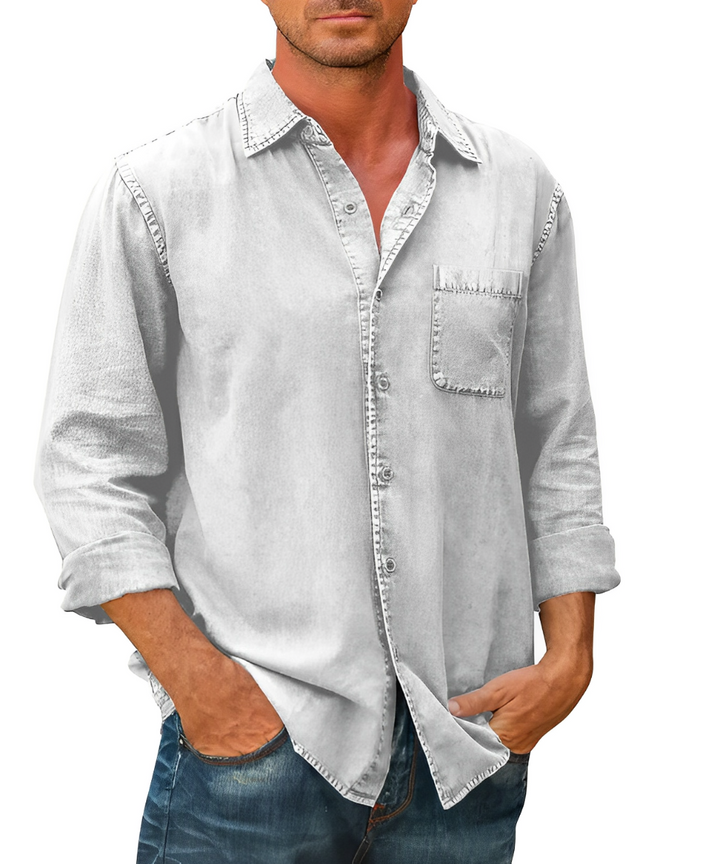 Classic denim men's shirt with breathable fabric, versatile style, and a relaxed fit, ideal for summer days and everyday wear.