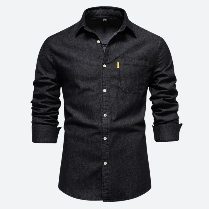 Classic denim shirt for men, crafted with durable premium fabric, lightweight and versatile for summer days and various occasions.