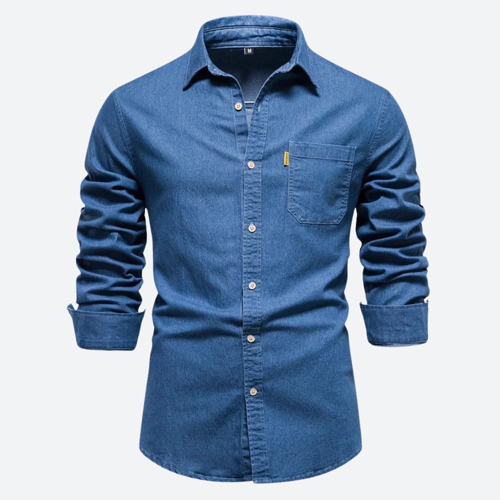 Classic denim shirt for men, crafted with durable premium fabric, lightweight and versatile for summer days and various occasions.