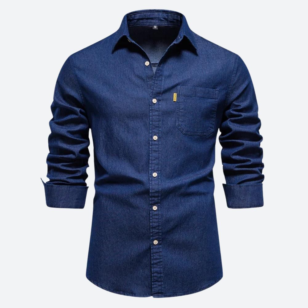 Classic denim shirt for men, crafted with durable premium fabric, lightweight and versatile for summer days and various occasions.