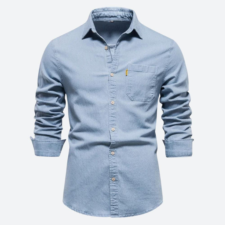 Classic denim shirt for men, crafted with durable premium fabric, lightweight and versatile for summer days and various occasions.