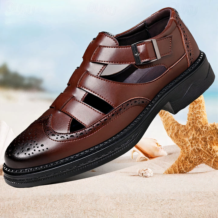 Classic leather men's summer sandals with breathable design and cushioned insole, ideal for warm autumn days.