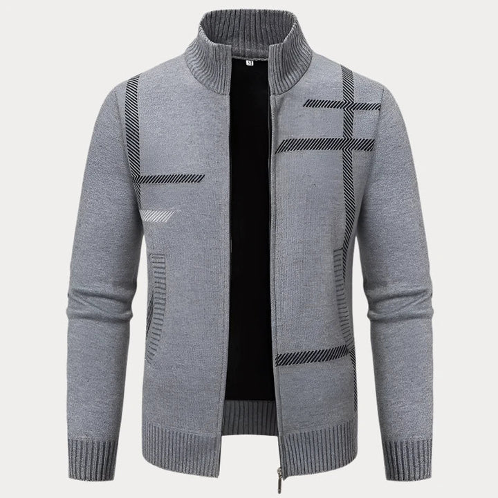 Classic men's zip-up autumn cardigan, perfect for layering on cool autumn days.







