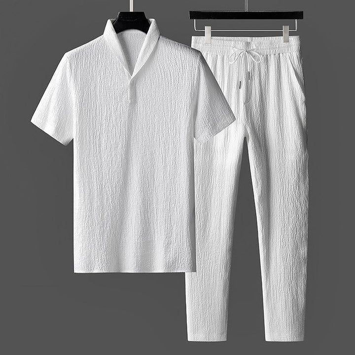 Classic pants and shirt set for men, lightweight and breathable, perfect for summer days and versatile occasions.