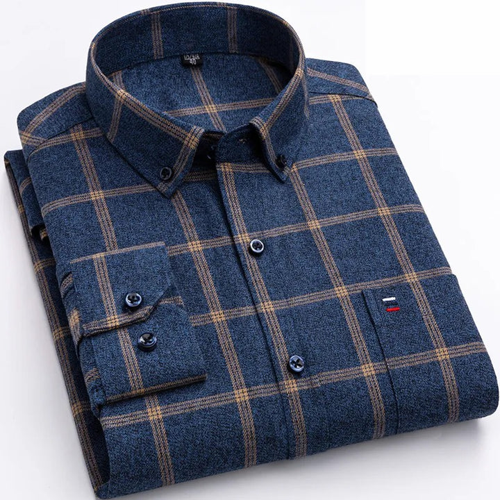 Classic plaid long sleeves business shirt for men with lightweight fabric, tailored fit, and timeless design for professional and casual settings.







