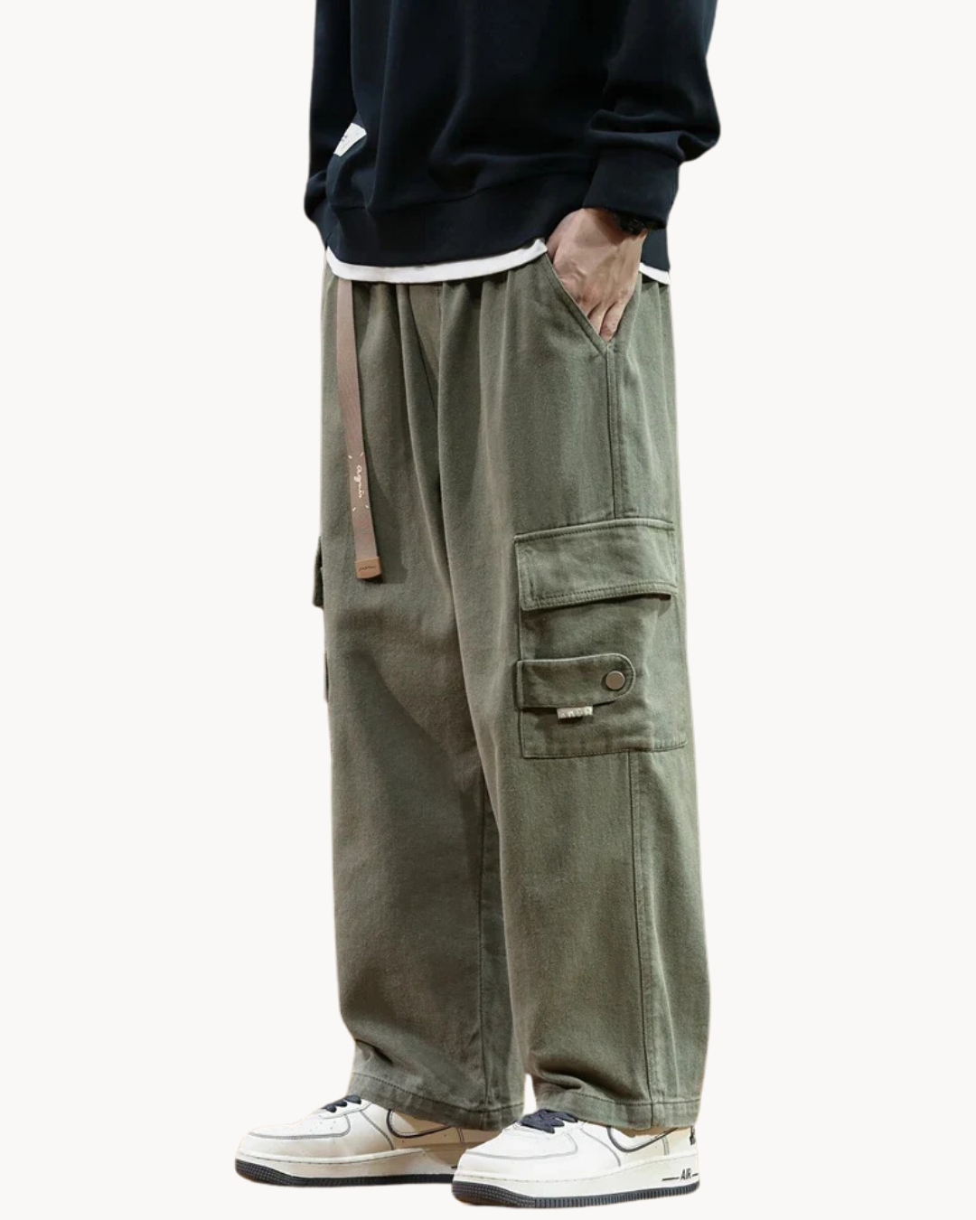 Comfortable baggy cargo-jogger pants with a loose fit, breathable fabric, and functional pockets, perfect for staying stylish and relaxed on summer days.






