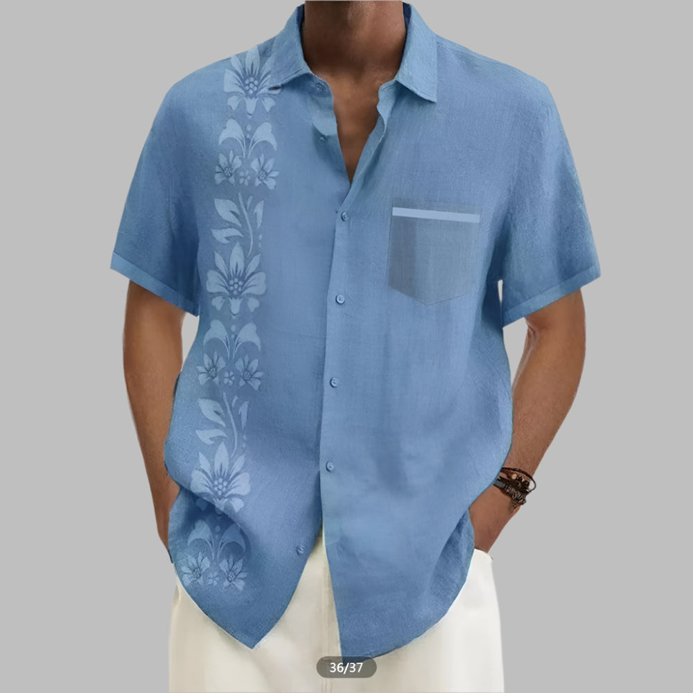 Stylish floral Hawaiian shirt with long sleeves, perfect for summer comfort.







