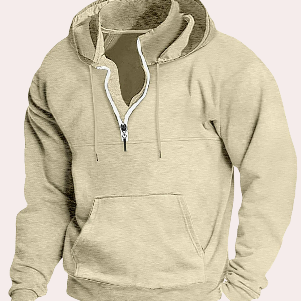 Cozy hooded sweater perfect for layering on autumn days, offering warmth and comfort.







