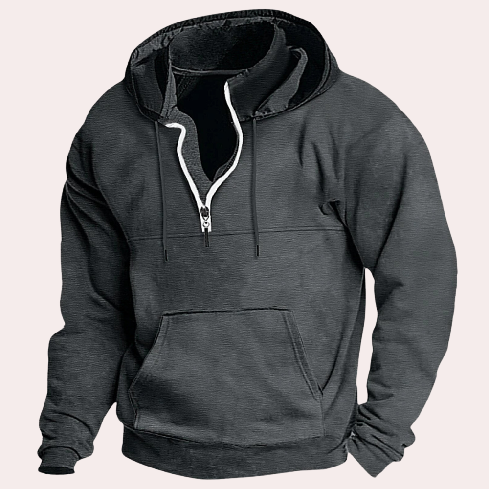 Cozy hooded sweater perfect for layering on autumn days, offering warmth and comfort.







