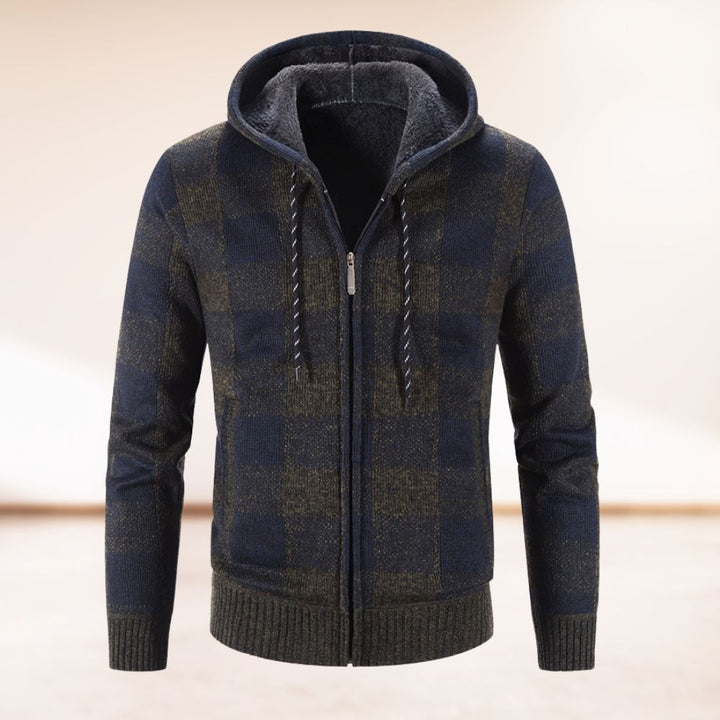 Cozy men's autumn cardigan with a hood, perfect for layering on chilly days.







