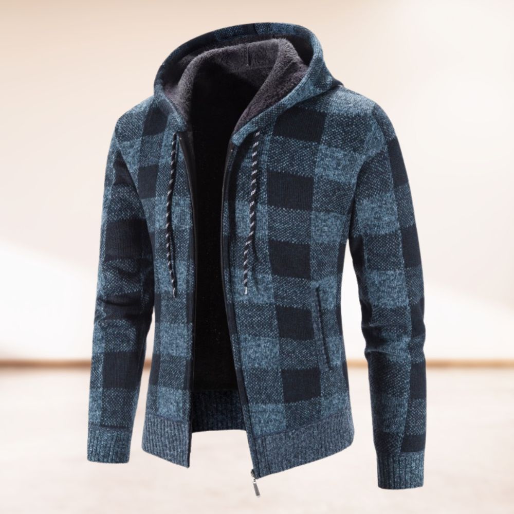 Cozy men's autumn cardigan with a hood, perfect for layering on chilly days.







