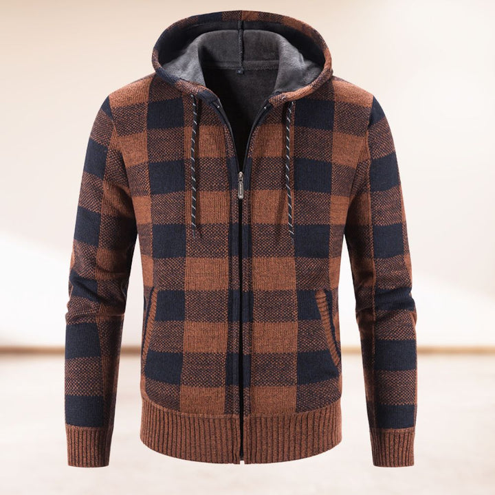 Cozy men's autumn cardigan with a hood, perfect for layering on chilly days.







