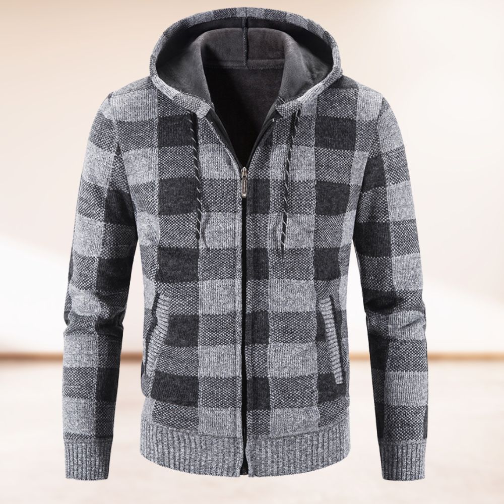 Cozy men's autumn cardigan with a hood, perfect for layering on chilly days.







