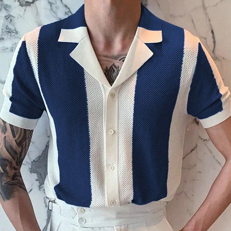 Elegant knitted summer shirt for men, featuring breathable lightweight fabric, timeless design, and a perfect fit, ideal for summer days and versatile occasions.






