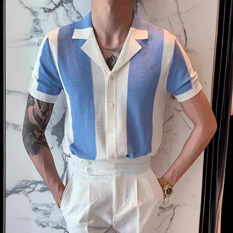 Elegant knitted summer shirt for men, featuring breathable lightweight fabric, timeless design, and a perfect fit, ideal for summer days and versatile occasions.






