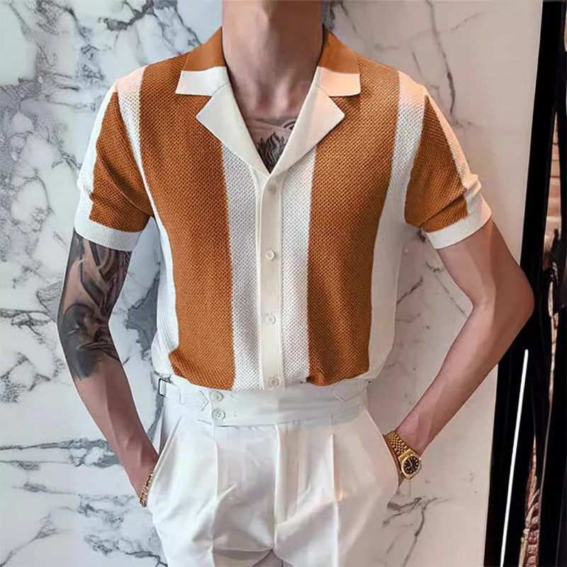 Elegant knitted summer shirt for men, featuring breathable lightweight fabric, timeless design, and a perfect fit, ideal for summer days and versatile occasions.






