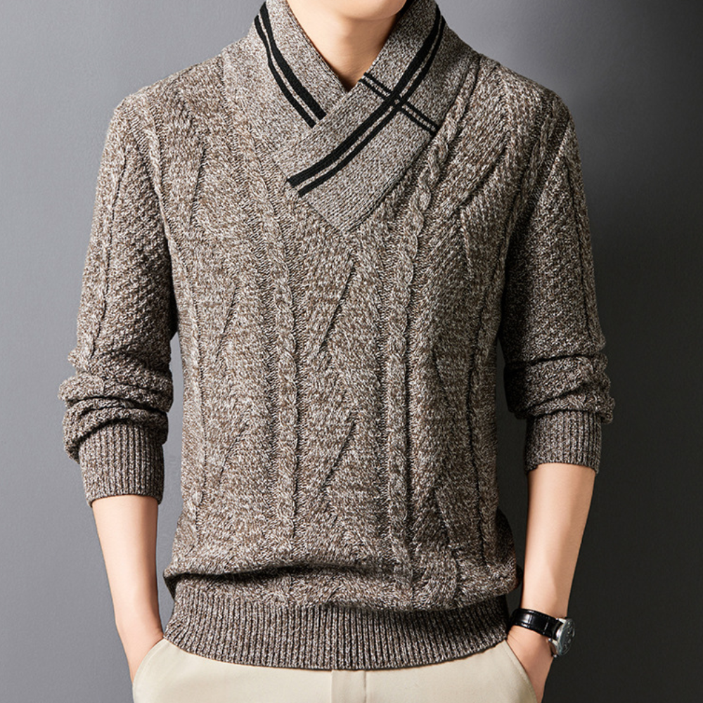 Men's elegant knitted sweater, designed for warmth, breathability, and timeless style for autumn days.