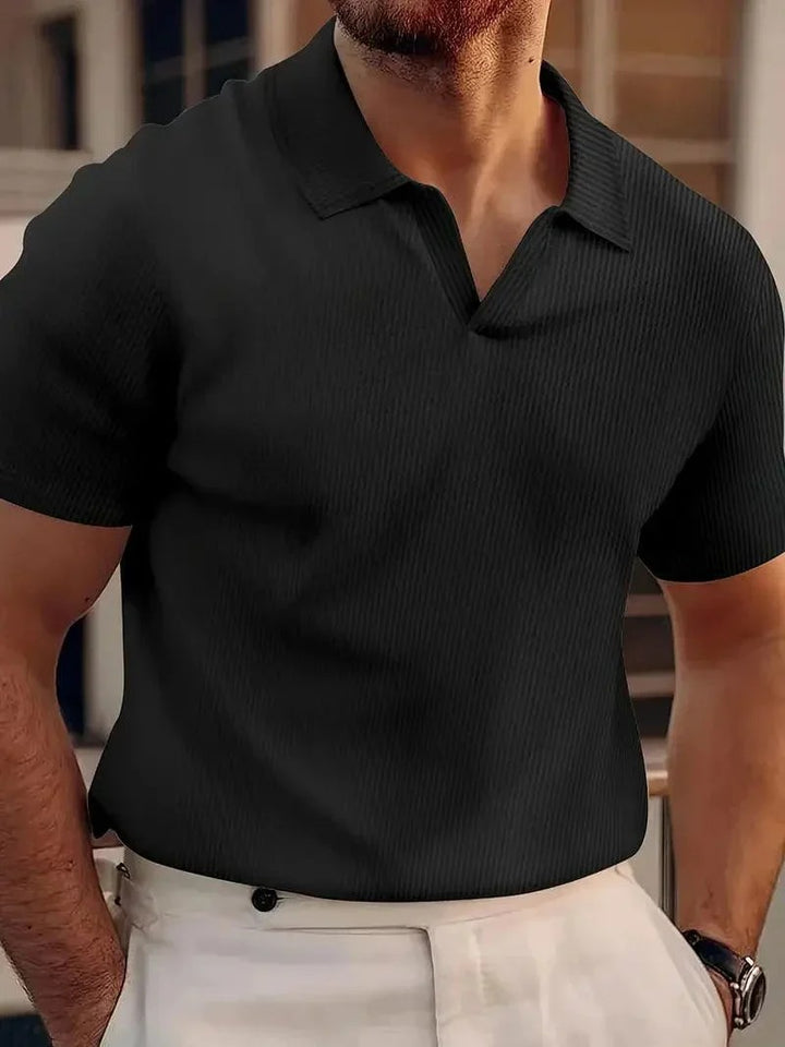 Elegant linen polo shirt for men, featuring breathable fabric, timeless design, and ideal comfort for summer days.