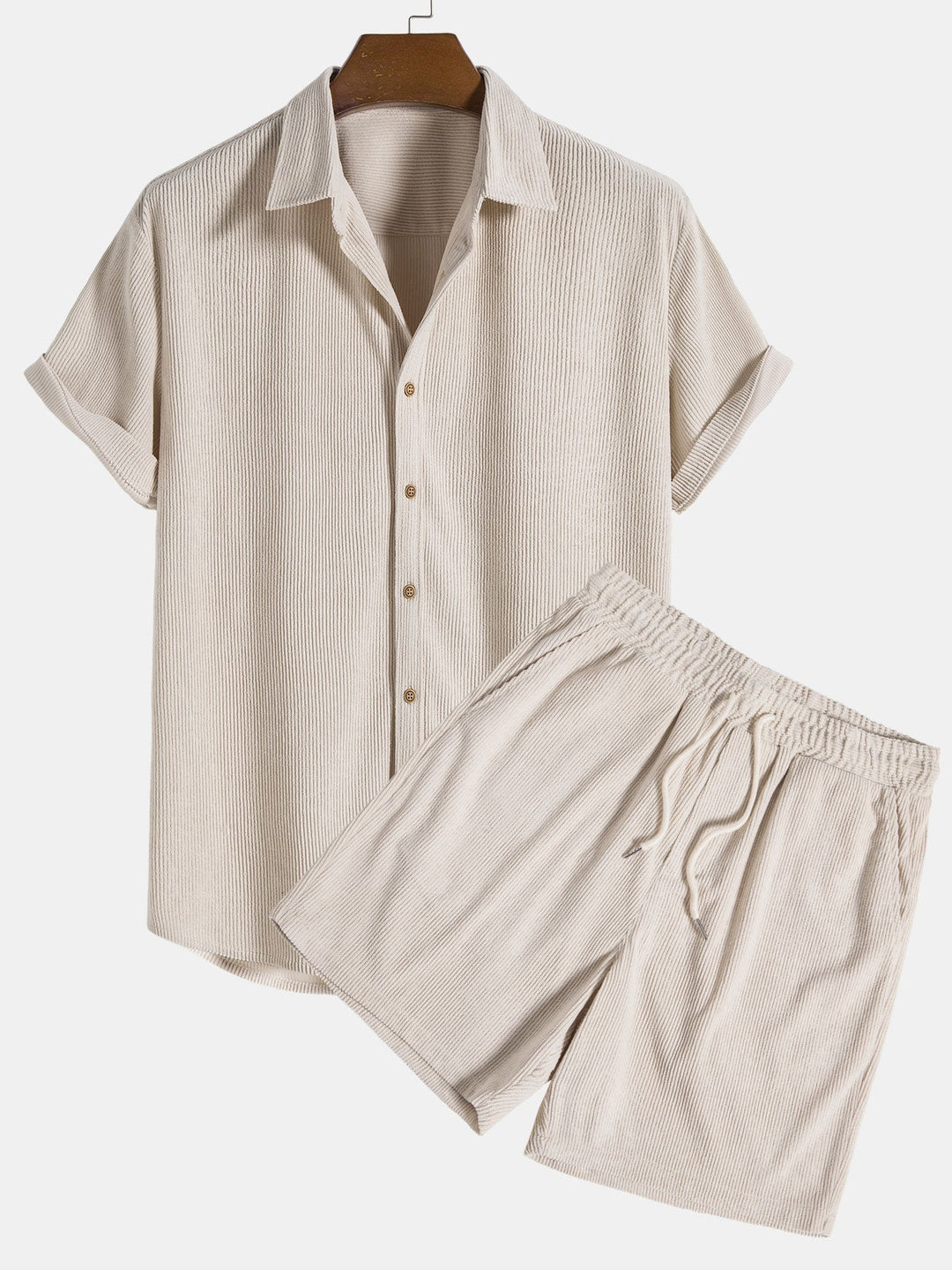 Elegant ribbed polo and shorts set, perfect for summer days, offering style and comfort in warm weather.