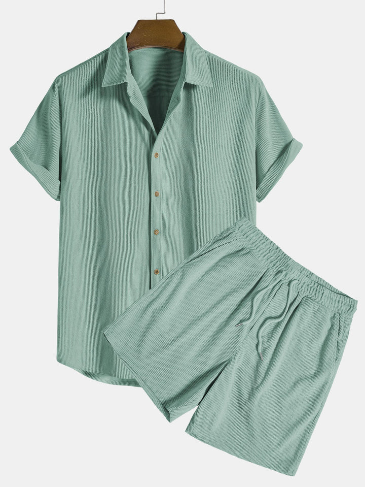 Elegant ribbed polo and shorts set, perfect for summer days, offering style and comfort in warm weather.