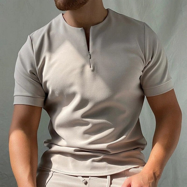 Elegant zip-up shirt with lightweight, breathable fabric, modern style, and versatile design, perfect for summer days.