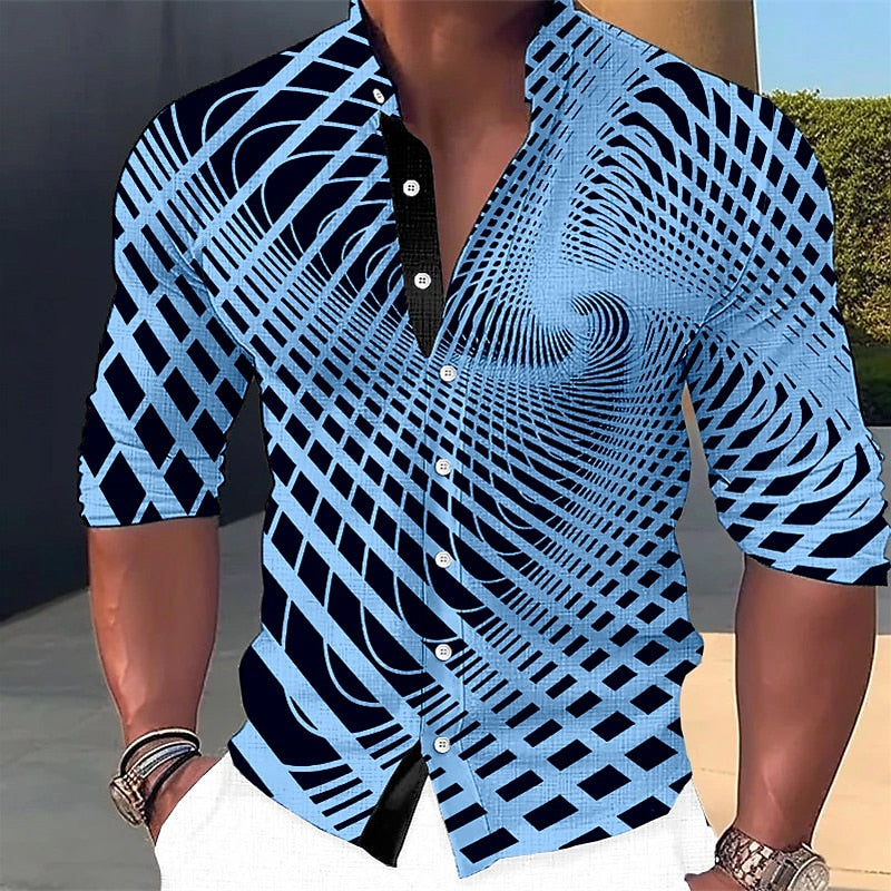 Stylish men’s summer shirt with a 3D geometric print, perfect for warm-weather fashion.







