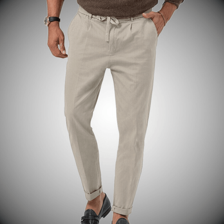 High-quality elegant linen trousers featuring a breathable, lightweight design with a polished tailored fit, ideal for formal and casual occasions.