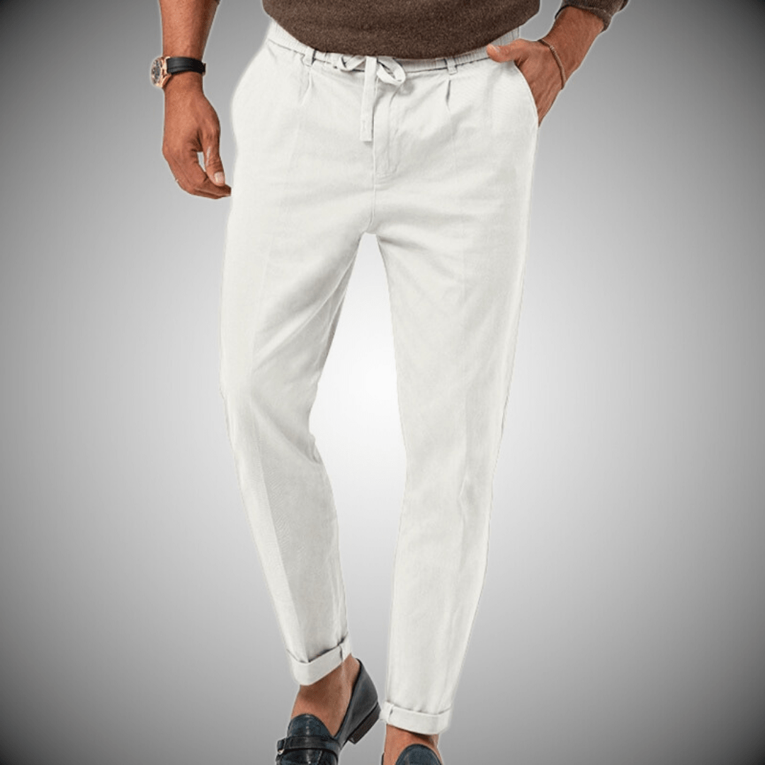 High-quality elegant linen trousers featuring a breathable, lightweight design with a polished tailored fit, ideal for formal and casual occasions.